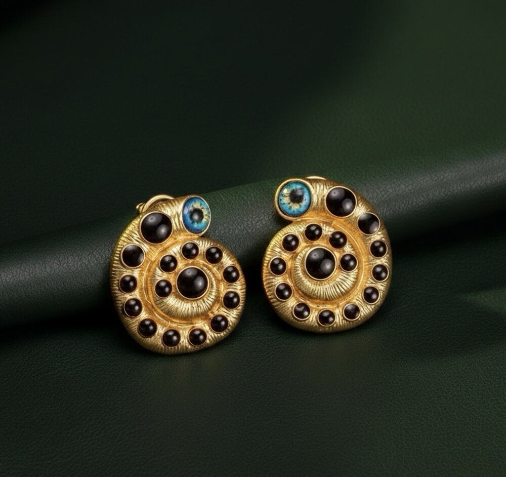 Antique Gold Snail VTG Eye CZ Earrings Statement Museum Swirl Surreal Nautical